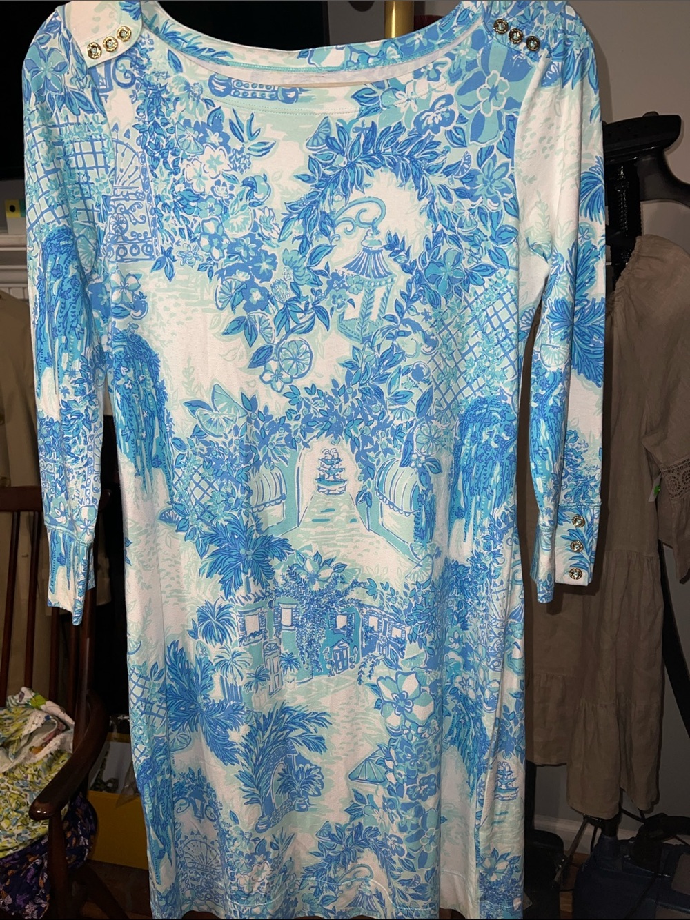 Lilly Pulitzer White and Blue Scenic Print Long Sleeve Shift Dress size Small